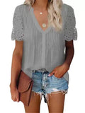 Casual V Neck Pleated Design Floral Lace Cutout Detailing Lightweight Pullover Top Shopvhs.com