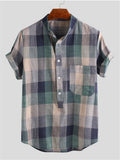 Casual Vintage Color Matching Plaid Printing Stand Collar Shirts