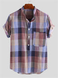 Casual Vintage Color Matching Plaid Printing Stand Collar Shirts Shopvhs.com