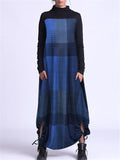 Casual Vintage High Neck Plaid Long Sleeve Pocket Pullover Maxi Dress