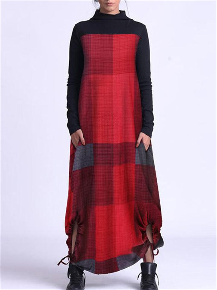 Casual Vintage High Neck Plaid Long Sleeve Pocket Pullover Maxi Dress Shopvhs.com