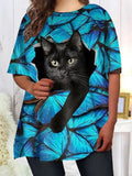 Cat Print Round Neck Short Sleeve T-Shirt Shopvhs.com