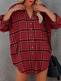 Check Printed V-Neck Pocket Long Sleeve Blouse Shopvhs.com