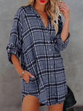 Check Printed V-Neck Pocket Long Sleeve Blouse Shopvhs.com
