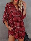 Check Printed V-Neck Pocket Long Sleeve Blouse Shopvhs.com
