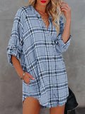 Check Printed V-Neck Pocket Long Sleeve Blouse Shopvhs.com