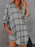 Check Printed V-Neck Pocket Long Sleeve Blouse Shopvhs.com