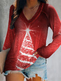 Christmas Tree Print V-Neck Pullover Long Sleeve T-Shirt Shopvhs.com