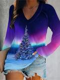 Christmas Tree Print V-Neck Pullover Long Sleeve T-Shirt Shopvhs.com