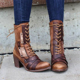 Chunky Mid Heel Side Zipper Lace Up Pointed Toe Boots Shopvhs.com