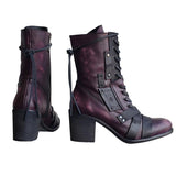 Chunky Mid Heel Side Zipper Lace Up Pointed Toe Boots Shopvhs.com