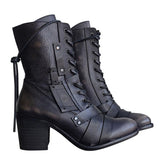 Chunky Mid Heel Side Zipper Lace Up Pointed Toe Boots Shopvhs.com