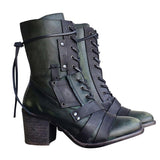 Chunky Mid Heel Side Zipper Lace Up Pointed Toe Boots Shopvhs.com