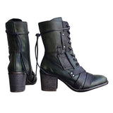 Chunky Mid Heel Side Zipper Lace Up Pointed Toe Boots Shopvhs.com