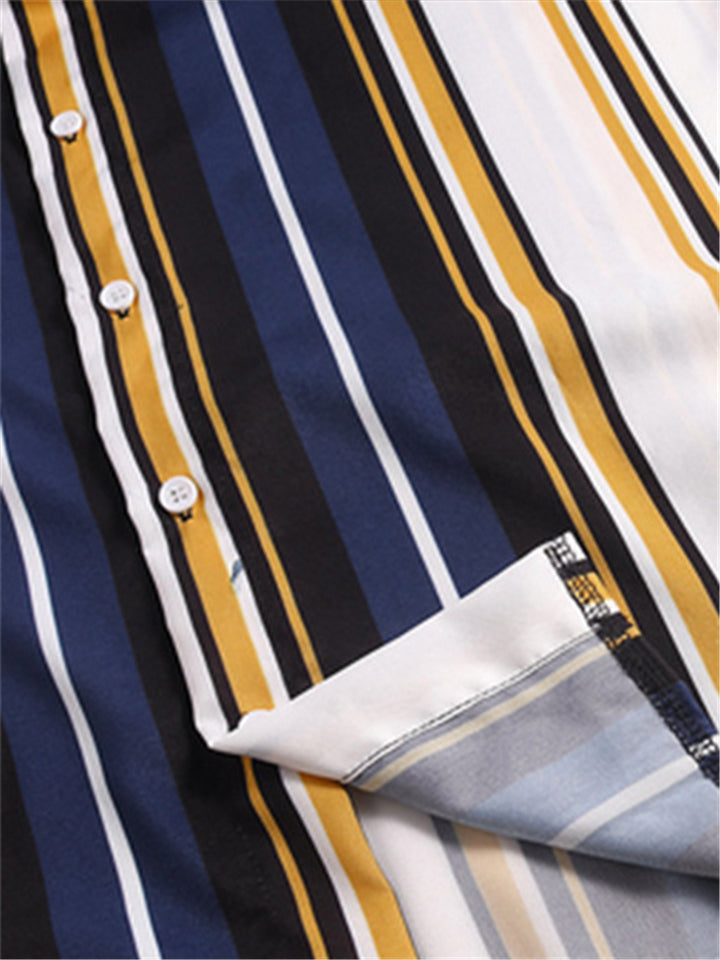 Color Matching Stripe Printing Turn-Down Collar Shirts For Men Shopvhs.com