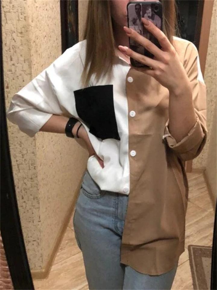 Contrast Color Design Collar Button Chiffon Blouse Shopvhs.com