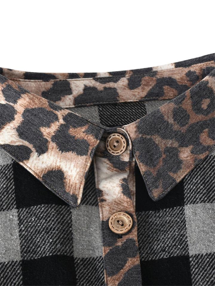 Contrast Color Design Plaid Leopard Print Chest Pocket Shaket Shopvhs.com