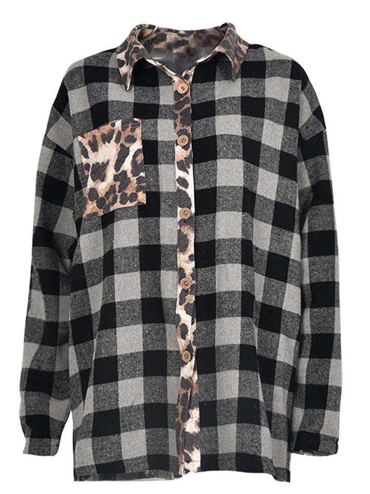 Contrast Color Design Plaid Leopard Print Chest Pocket Shaket Shopvhs.com