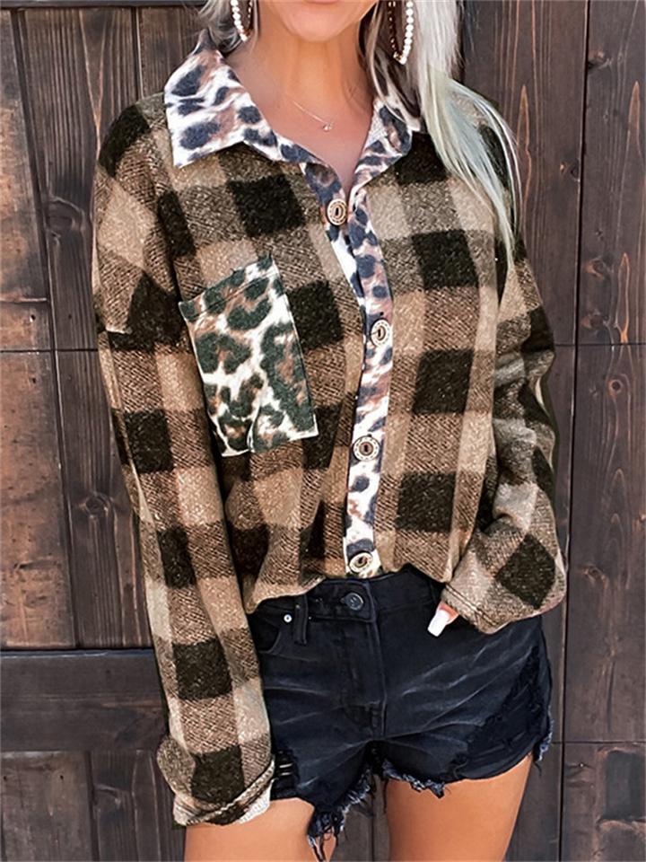 Contrast Color Design Plaid Leopard Print Chest Pocket Shaket Shopvhs.com