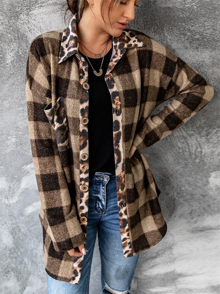 Contrast Color Design Plaid Leopard Print Chest Pocket Shaket Shopvhs.com