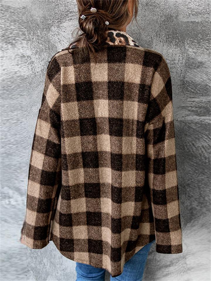 Contrast Color Design Plaid Leopard Print Chest Pocket Shaket Shopvhs.com