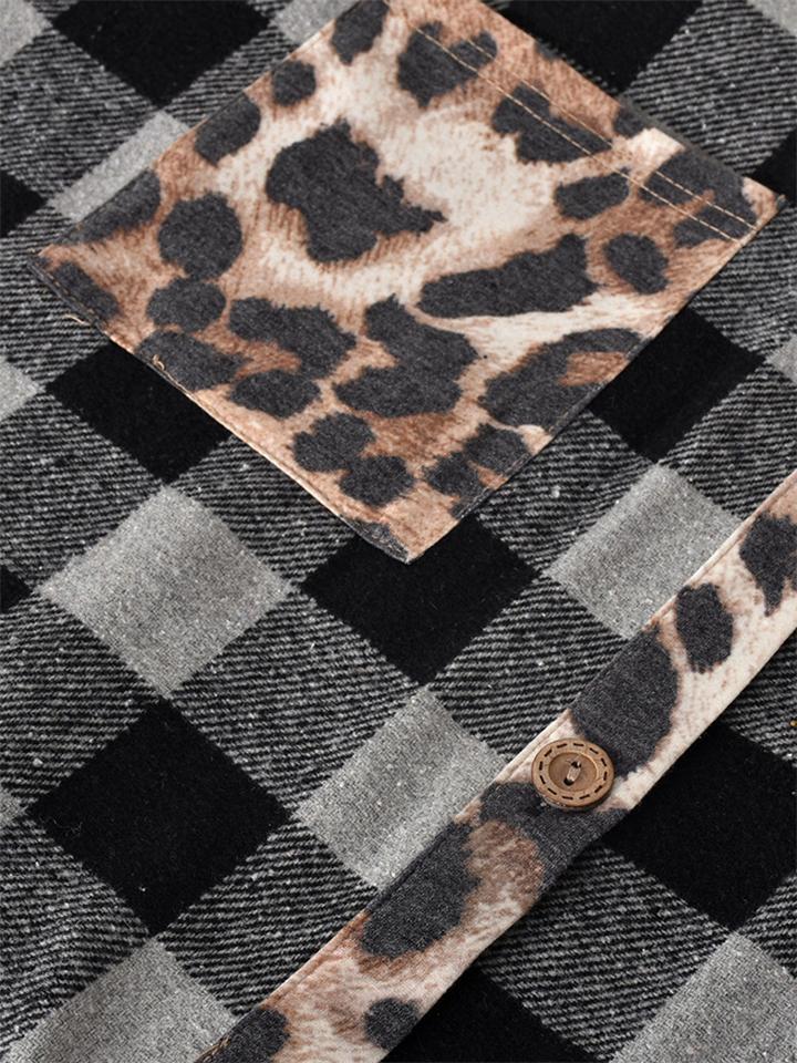 Contrast Color Design Plaid Leopard Print Chest Pocket Shaket Shopvhs.com