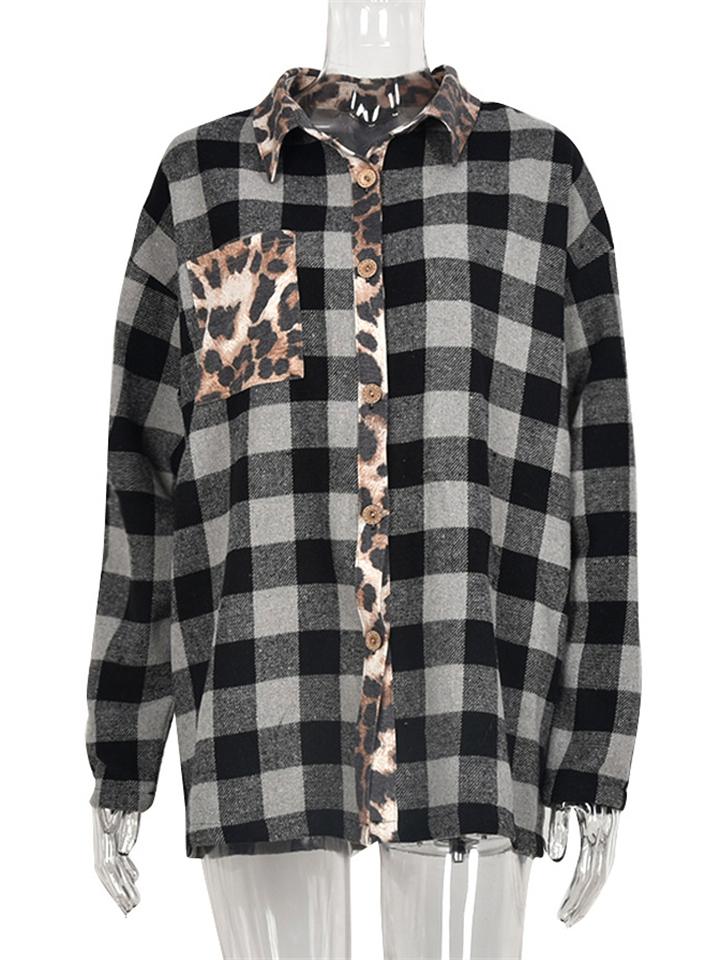 Contrast Color Design Plaid Leopard Print Chest Pocket Shaket Shopvhs.com