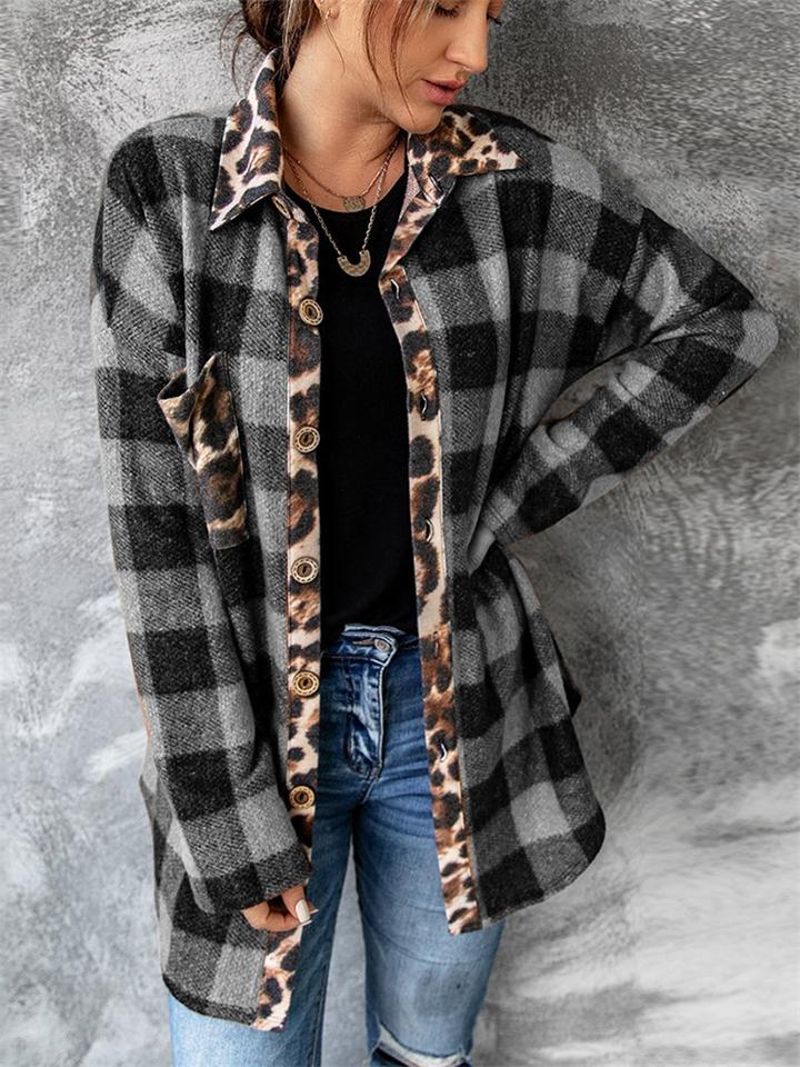 Contrast Color Design Plaid Leopard Print Chest Pocket Shaket Shopvhs.com