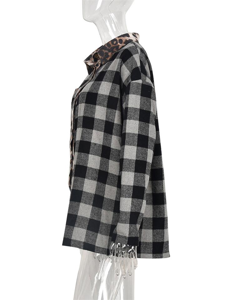 Contrast Color Design Plaid Leopard Print Chest Pocket Shaket Shopvhs.com