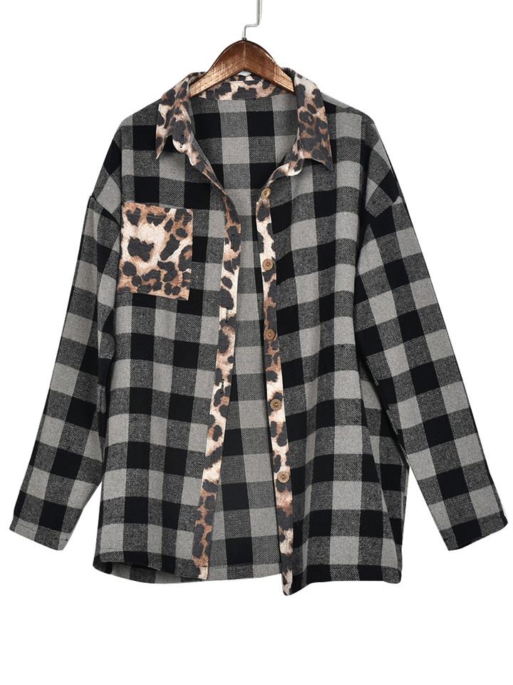 Contrast Color Design Plaid Leopard Print Chest Pocket Shaket Shopvhs.com