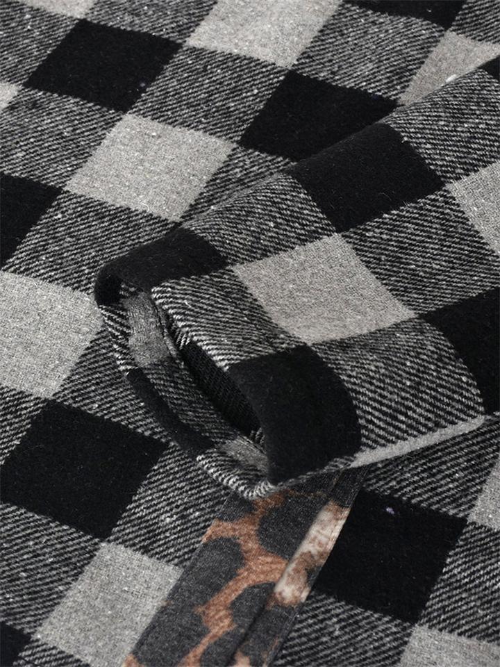 Contrast Color Design Plaid Leopard Print Chest Pocket Shaket Shopvhs.com