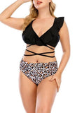 Criss-cross Leopard Print Lace Ruffled Two-piece Swimsuit Shopvhs.com