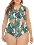 Cut Out One-piece Fresh Leaf Print Plus Size Swimsuit Shopvhs.com