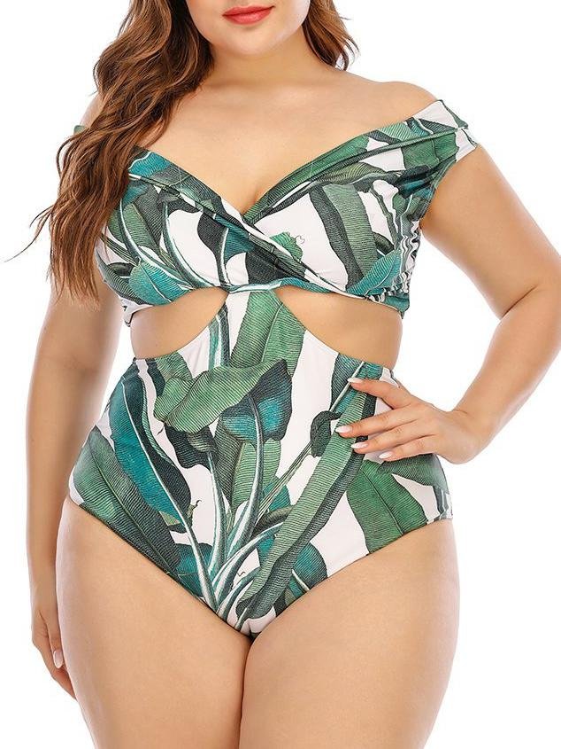Cut Out One-piece Fresh Leaf Print Plus Size Swimsuit Shopvhs.com