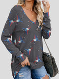 Double Side Zipper V-Neck Printed Long Sleeve T-Shirt Shopvhs.com