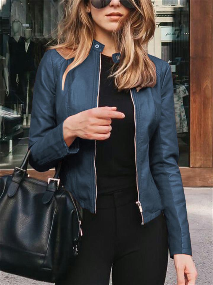 Easy Fit Full Zipper Solid Color Faux Leather Jackets Shopvhs.com