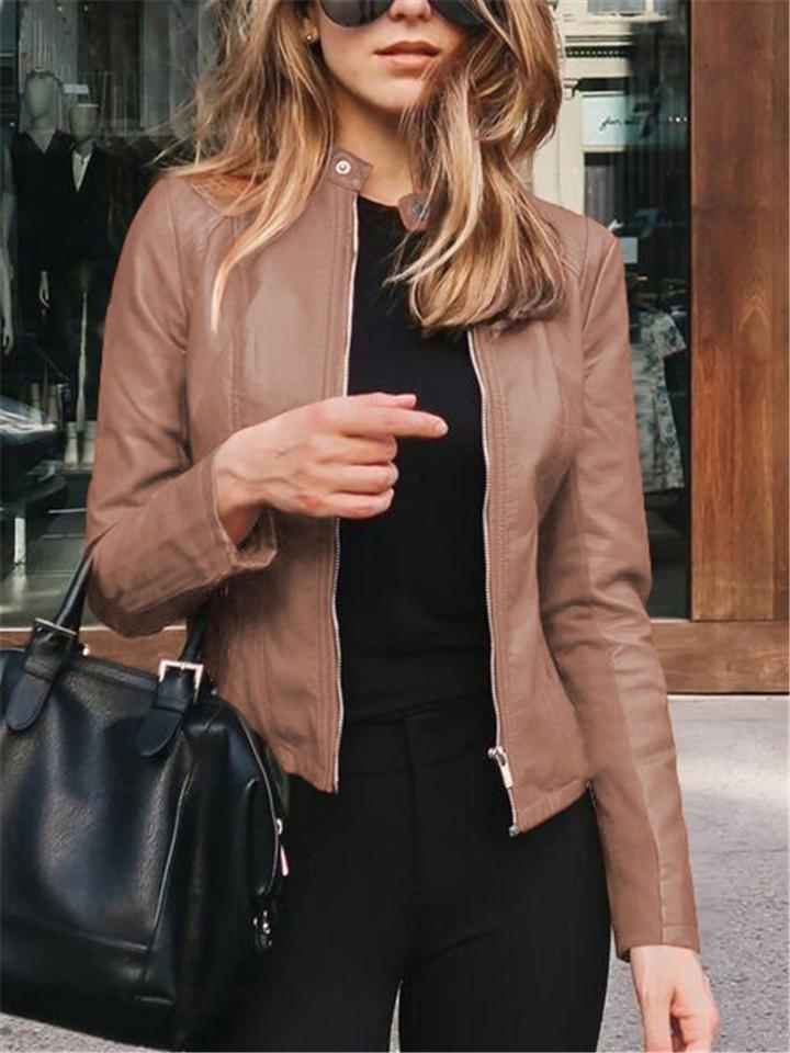 Easy Fit Full Zipper Solid Color Faux Leather Jackets Shopvhs.com
