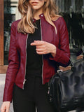 Easy Fit Full Zipper Solid Color Faux Leather Jackets Shopvhs.com