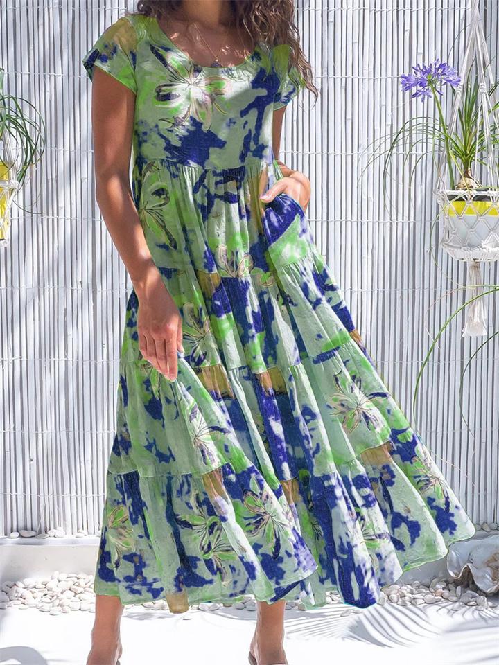 Elegant Printed Short Sleeve Round Neck High Waist Dress Shopvhs.com