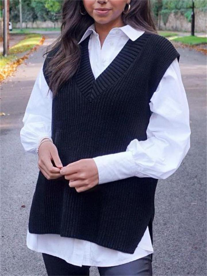 Elegant Sleeveless V-Neck Solid Color Knitted Cozy Sweater Vest Shopvhs.com