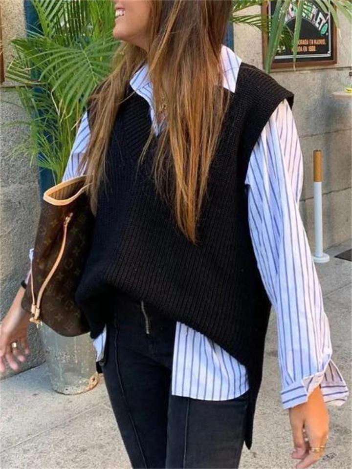 Elegant Sleeveless V-Neck Solid Color Knitted Cozy Sweater Vest Shopvhs.com