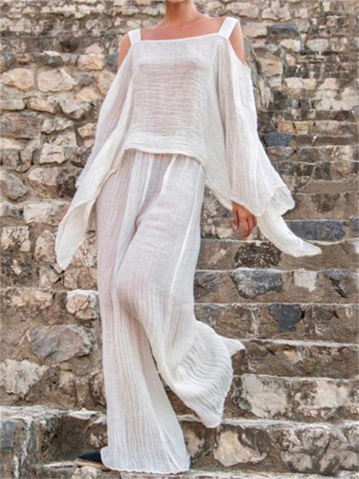 Elegant Solid Color Long-Sleeved Strappy Top + Loose Pants Shopvhs.com