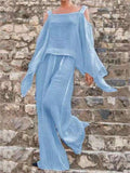 Elegant Solid Color Long-Sleeved Strappy Top + Loose Pants Shopvhs.com