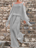 Elegant Solid Color Long-Sleeved Strappy Top + Loose Pants Shopvhs.com