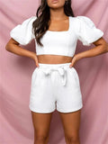Elegant Solid Color Pleated Sleeve Top + Lace Up Shorts Shopvhs.com