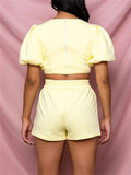 Elegant Solid Color Pleated Sleeve Top + Lace Up Shorts Shopvhs.com