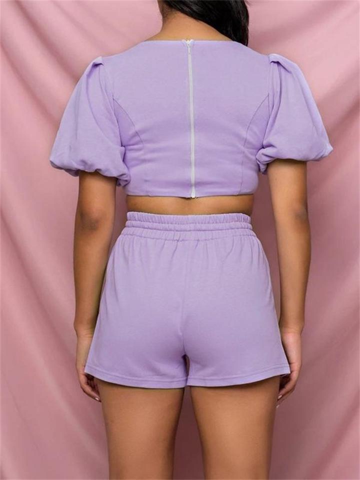 Elegant Solid Color Pleated Sleeve Top + Lace Up Shorts Shopvhs.com