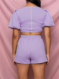 Elegant Solid Color Pleated Sleeve Top + Lace Up Shorts Shopvhs.com