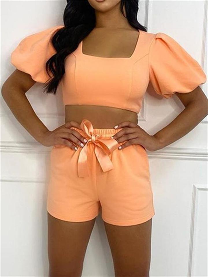 Elegant Solid Color Pleated Sleeve Top + Lace Up Shorts Shopvhs.com