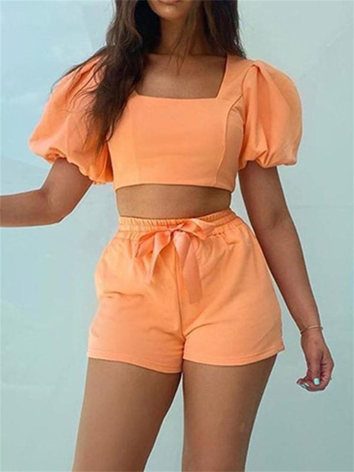 Elegant Solid Color Pleated Sleeve Top + Lace Up Shorts Shopvhs.com